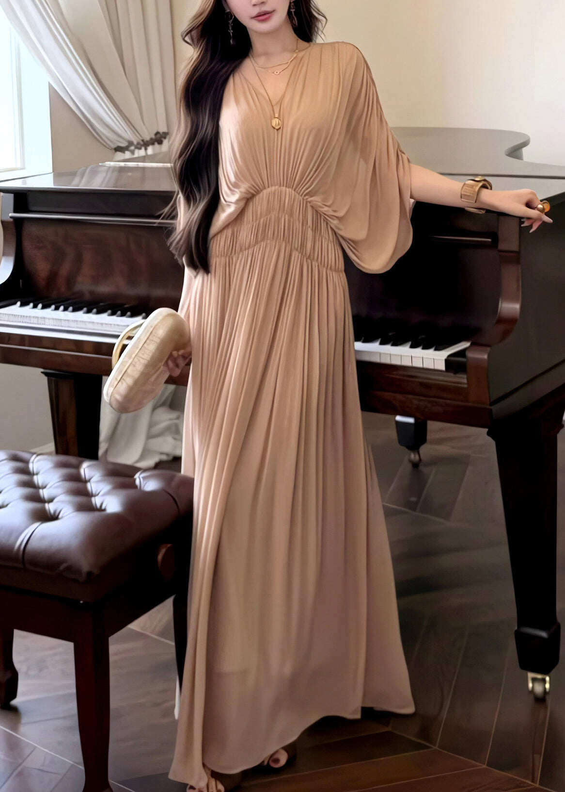 French Khaki Oversized Chiffon Robe Dresses Batwing Sleeve