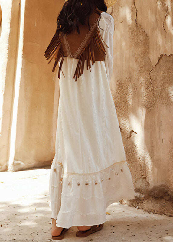 Jacquard White O-Neck Patchwork Shell Hollow Out Maxi Dress Lantern Sleeve