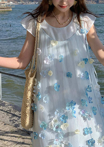Beautiful Blue Oversized Floral Chiffon Long Dresses Two Piece Set Summer