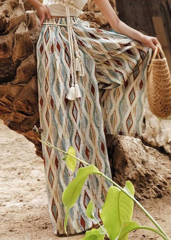 Boho Rainbow Plaid Elastic Waist Wide Leg Pants Summer