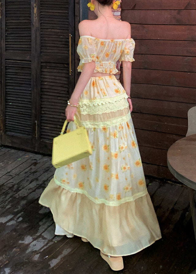 Fine Slash Neck Print Top And Long Skirts Two Pieces Set Summer