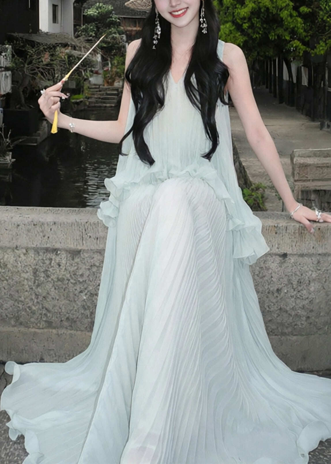 Style Sky Blue Ruffled Wrinkled Chiffon Holiday Dress Sleeveless