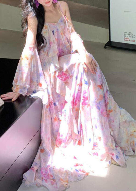 Pink Print Chiffon Holiday Dress Backless Extra Large Hem Summer