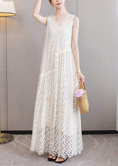 Italian White Ruffled Patchwork Lace Long Dresses Sleeveless