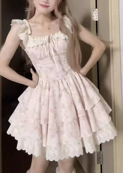 Cute Pink O-Neck Print Wrinkled Mid Dress Short Sleeve