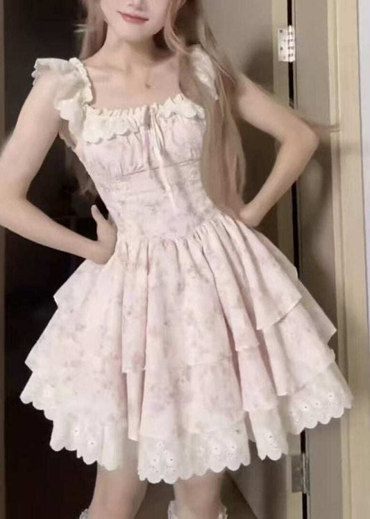 Cute Pink O-Neck Print Wrinkled Mid Dress Short Sleeve