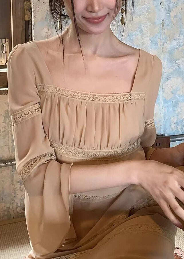 Classy Apricot Square Collar Lace Patchwork Long Dress Flare Sleeve