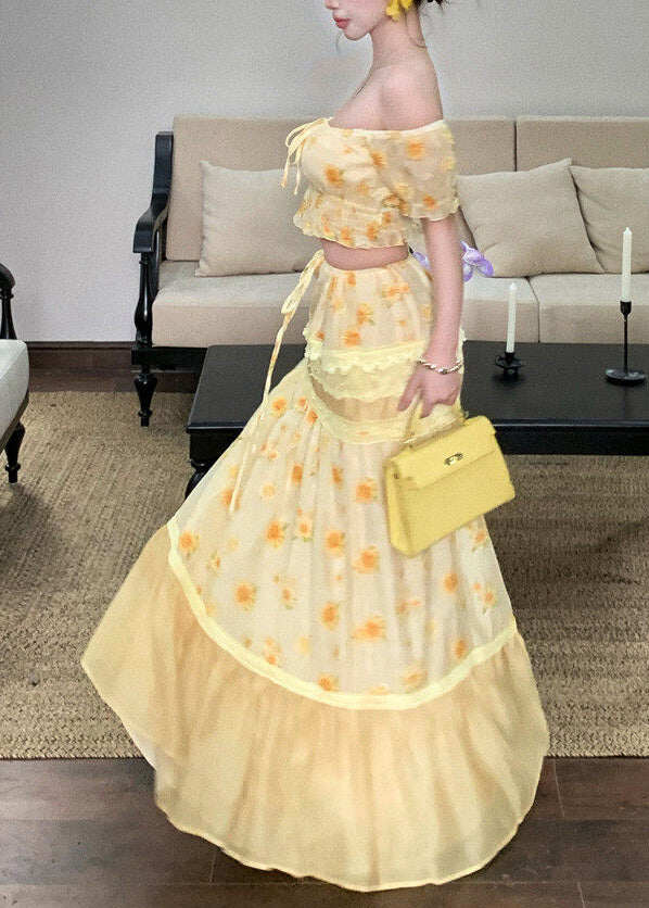 Fine Slash Neck Print Top And Long Skirts Two Pieces Set Summer