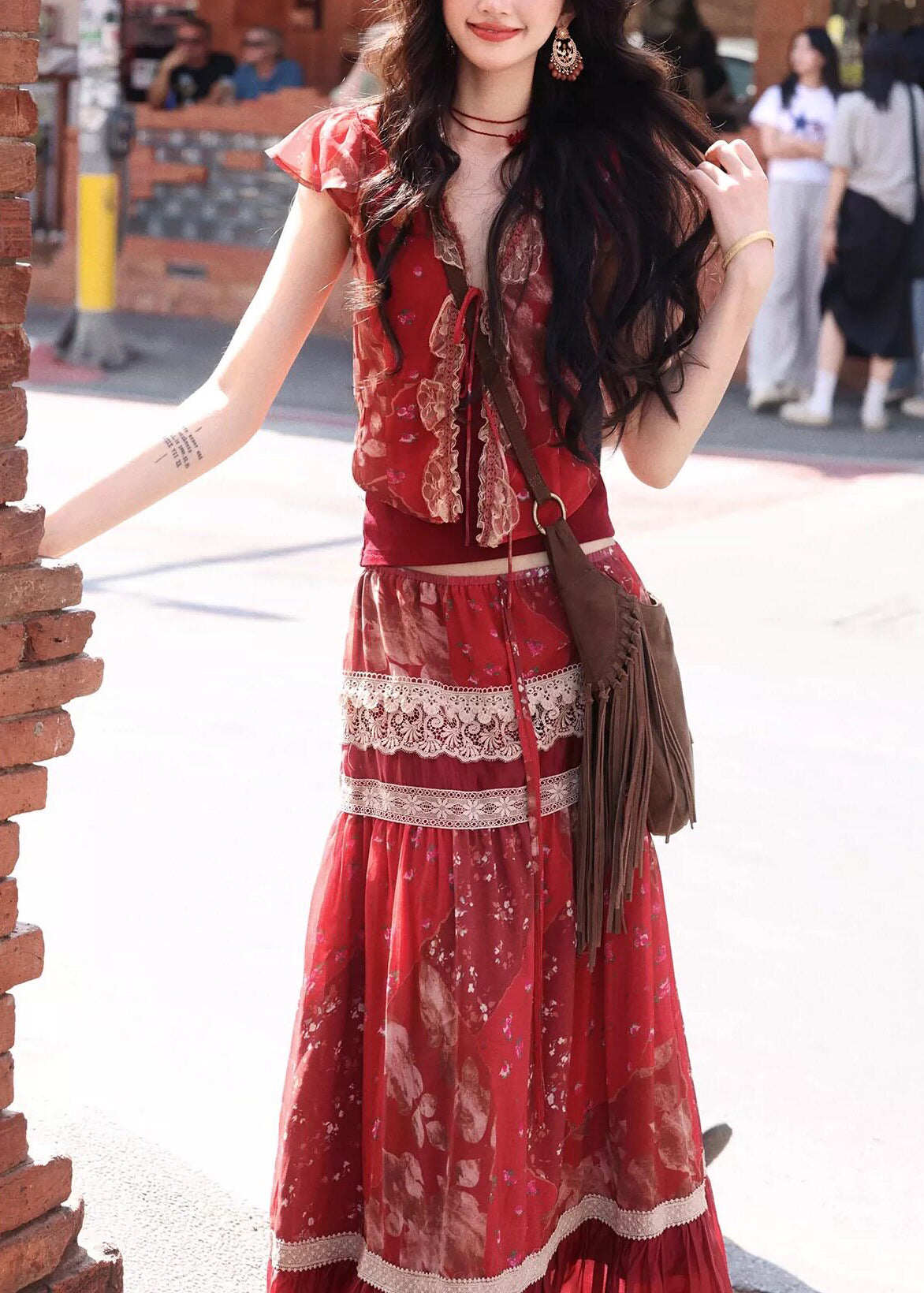 Bohemian Red Print Lace Patchwork Silk Two Pieces Set Summer