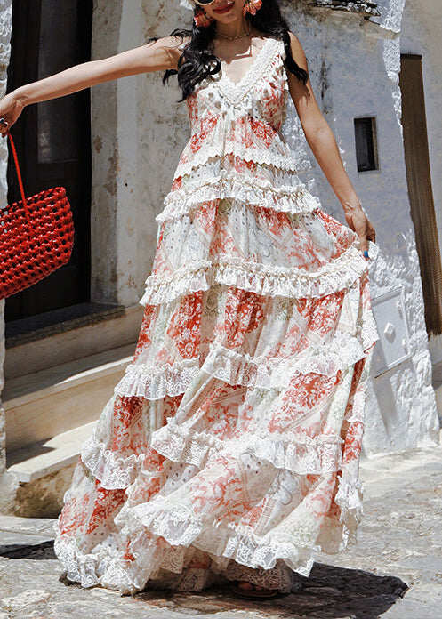 Red Patchwork Chiffon Holiday Dresses Extra Large Hem Summer