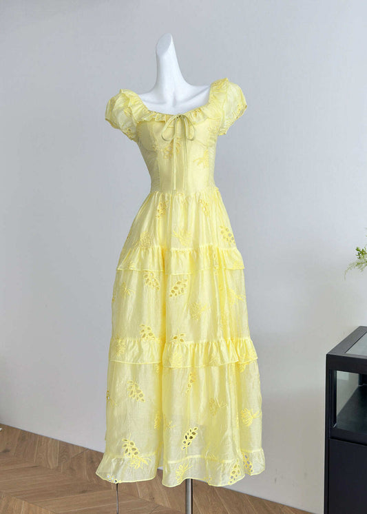 Boutique Orange O-Neck Tie Lace Hollow Out Silk Long Dress Summer