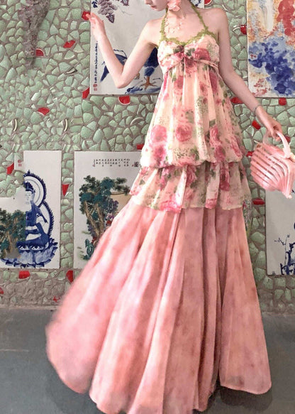 Fashion Pink Print Draping Chiffon Two Pieces Set Summer