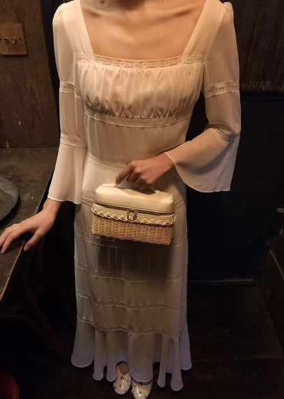 Classy Apricot Square Collar Lace Patchwork Long Dress Flare Sleeve