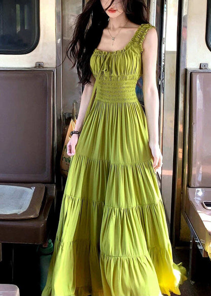 French Green Ruffled Elastic Waist Cotton Long Dress Summer