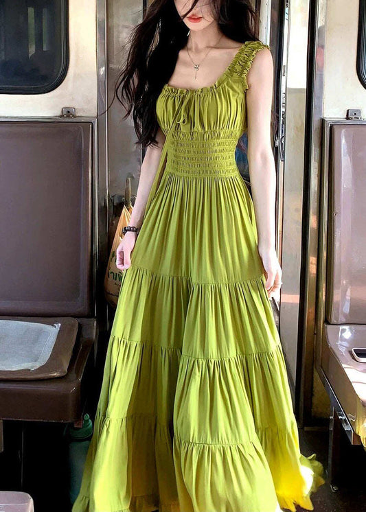 French Green Ruffled Elastic Waist Cotton Long Dress Summer