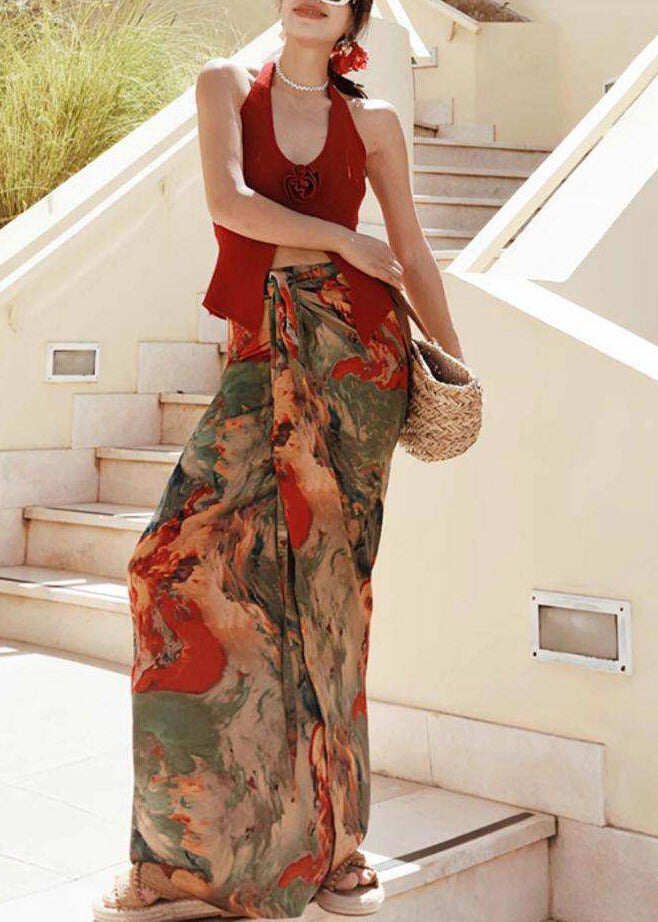 Beach Red Floral Vest And Maxi Skirts Two Pieces Set Summer