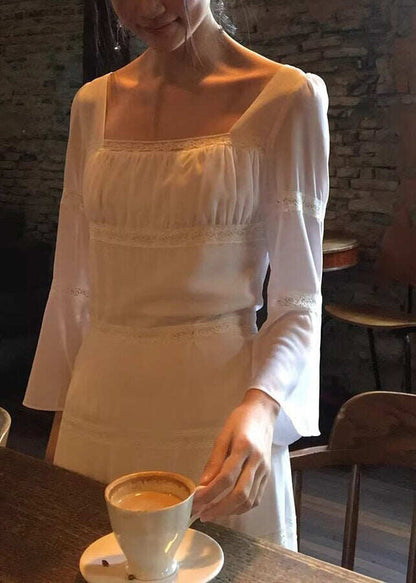 Classy Apricot Square Collar Lace Patchwork Long Dress Flare Sleeve