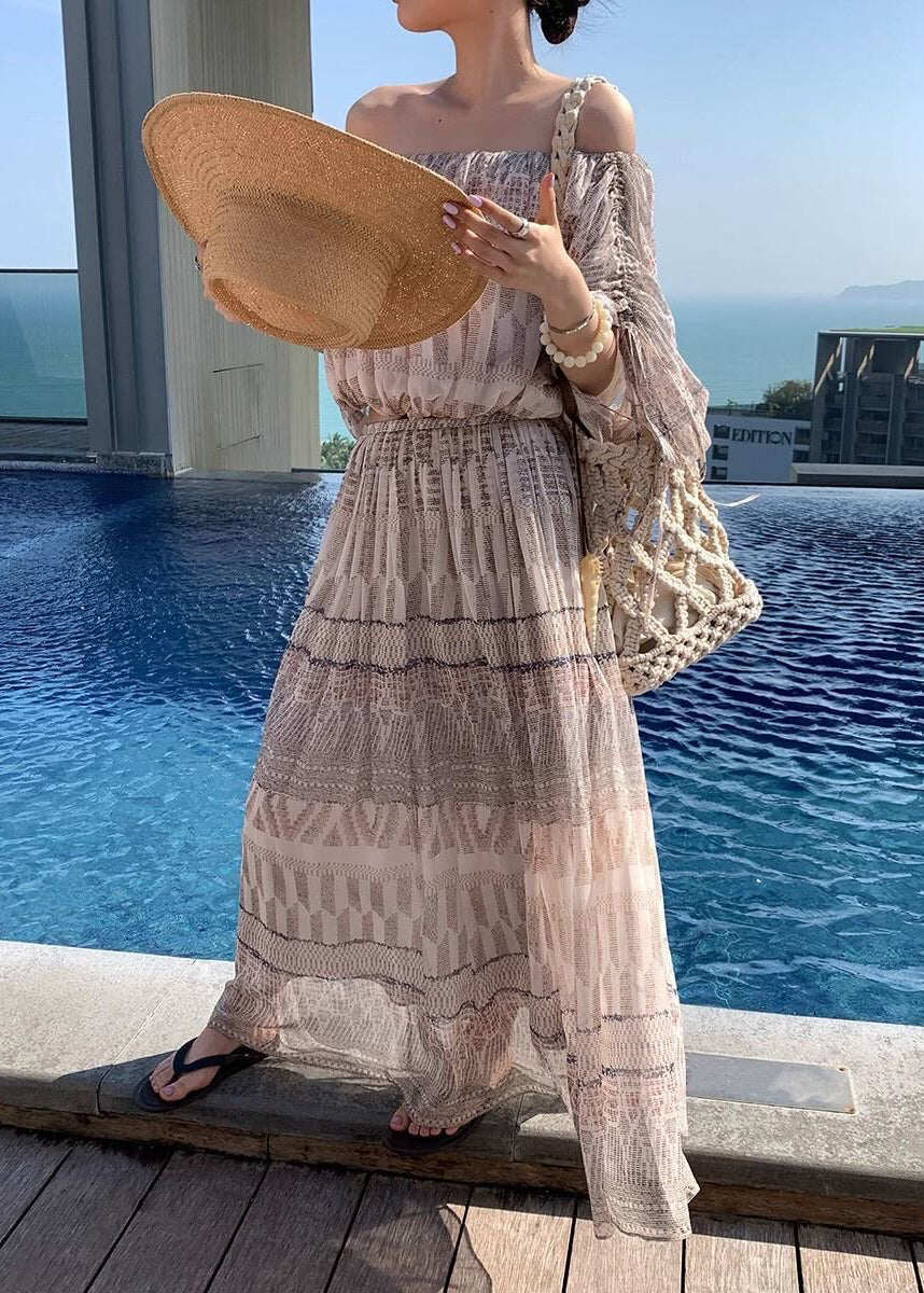 Italian Beige Cold Shoulder Print Cotton Holiday Dress Summer