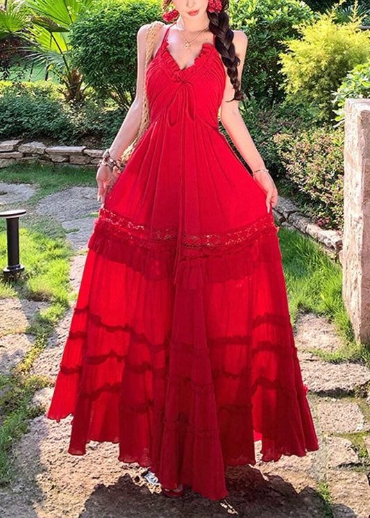 Bohemian Red Ruffled Extra Large Hem Cotton Beach Dress Summer