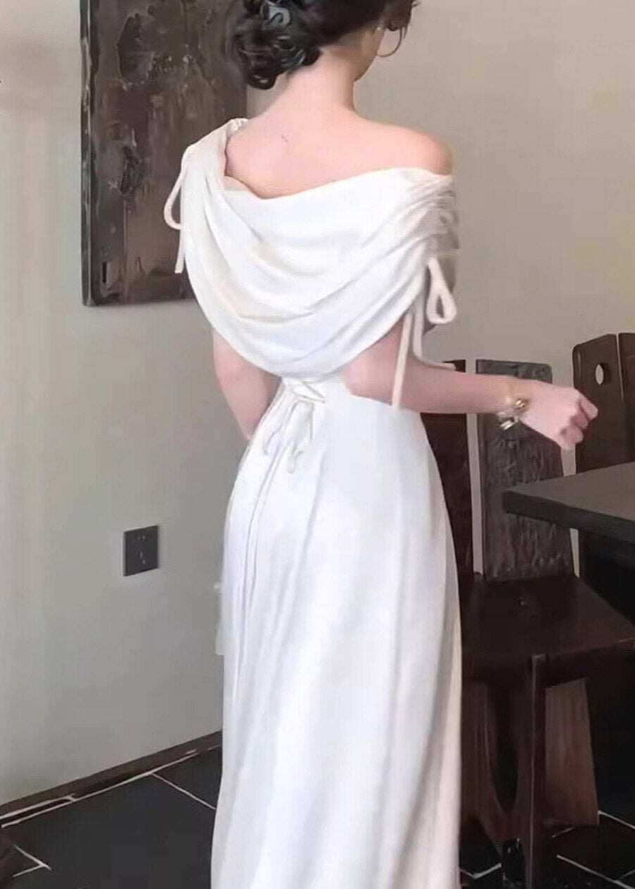 Dinner White Asymmetrical Cinched Tunic Maxi Dresses Short Sleeve