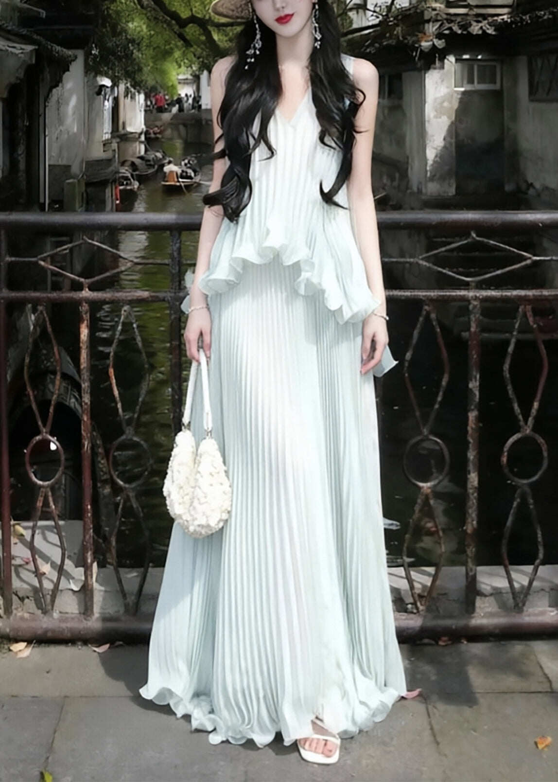 Style Sky Blue Ruffled Wrinkled Chiffon Holiday Dress Sleeveless