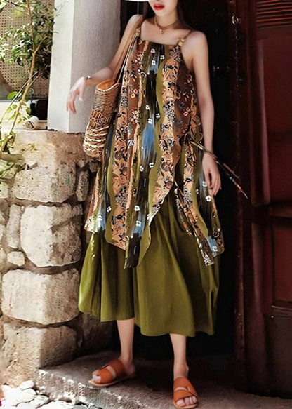 Vintage Green Print Holiday Long Spaghetti Strap Dress Sleeveless