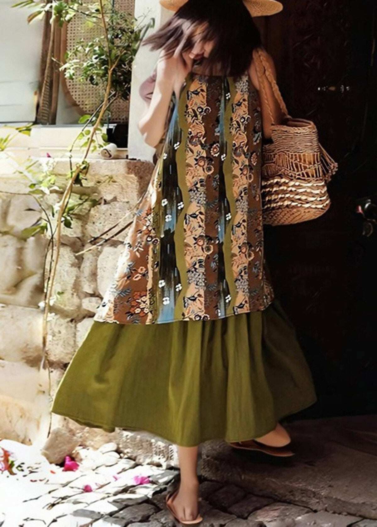 Vintage Green Print Holiday Long Spaghetti Strap Dress Sleeveless