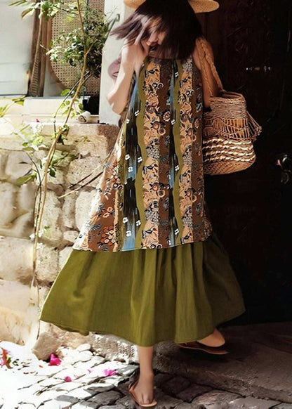 Vintage Green Print Holiday Long Spaghetti Strap Dress Sleeveless