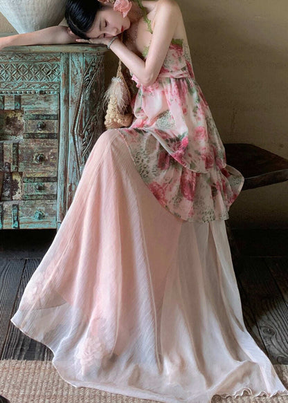 Fashion Pink Print Draping Chiffon Two Pieces Set Summer