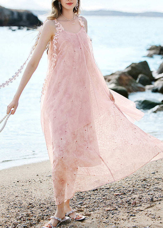 Pink O-Neck Tassel Silk Long Spaghetti Strap Dress Summer