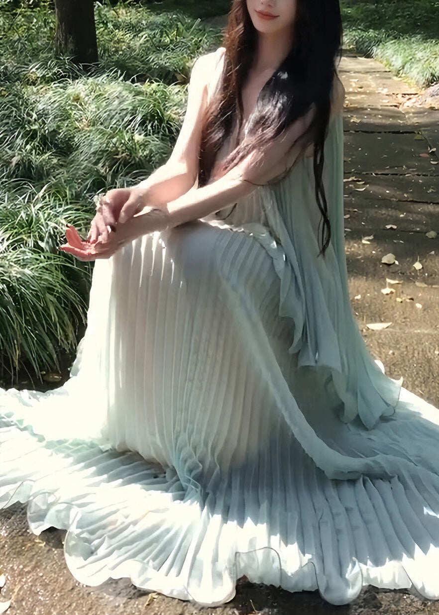 Italian Light Blue Oversized Draping Chiffon Pleated Dresses Summer