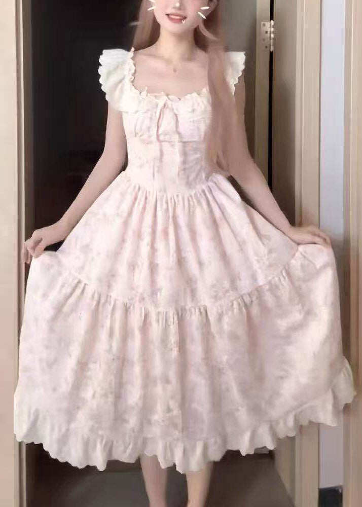 Cute Pink O-Neck Print Wrinkled Mid Dress Short Sleeve