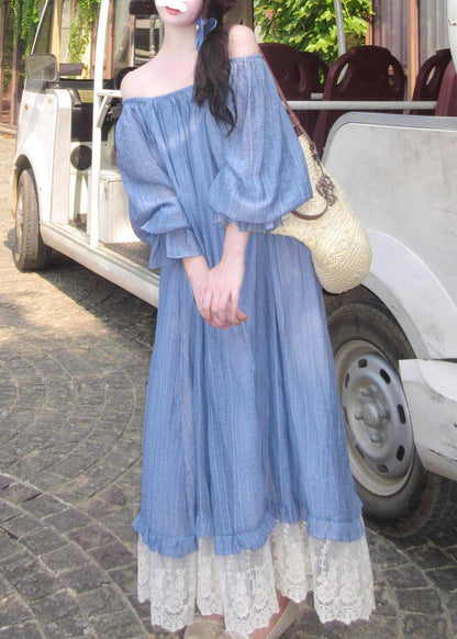 Cute Blue Slash Neck Patchwork Long Dress Fall