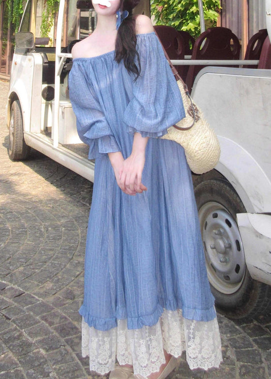 Cute Blue Slash Neck Patchwork Long Dress Fall