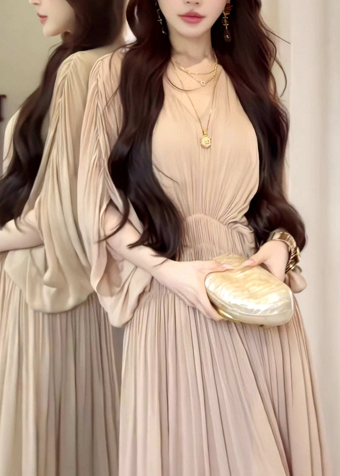French Khaki Oversized Chiffon Robe Dresses Batwing Sleeve