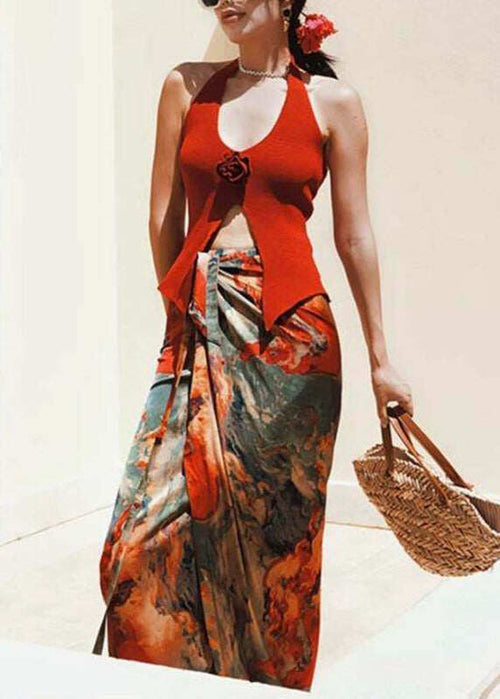 Beach Red Floral Vest And Maxi Skirts Two Pieces Set Summer