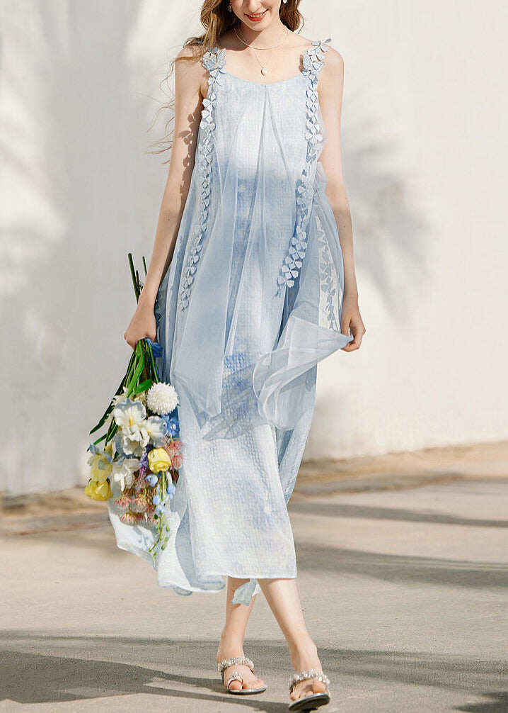 Cute Blue Print Silk Maxi Holiday Spaghetti Strap Dress Sleeveless