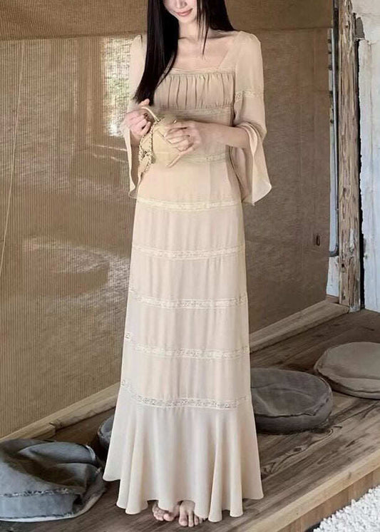 Classy Apricot Square Collar Lace Patchwork Long Dress Flare Sleeve