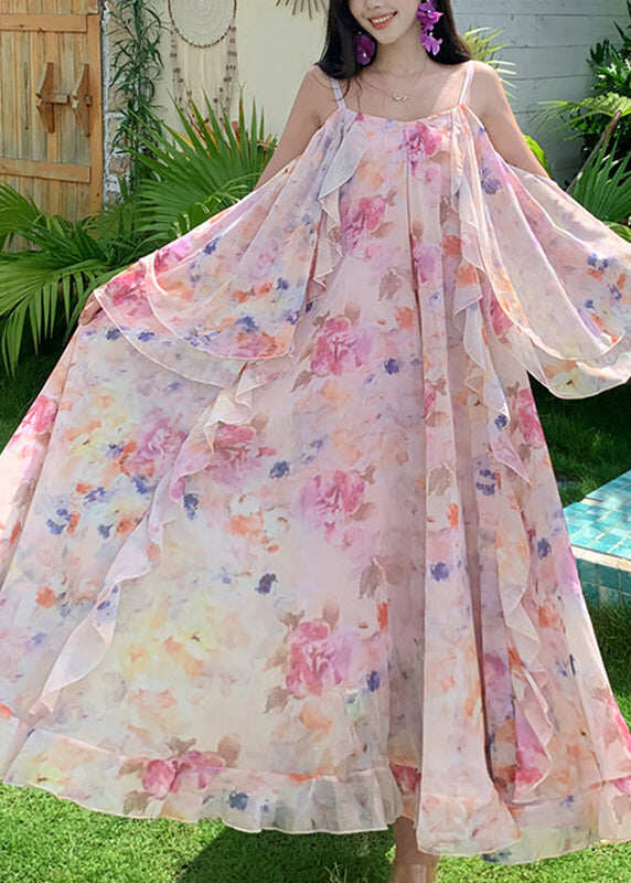 Cute Pink Print Ruffled Patchwork Chiffon Long Dress Short Sleeve