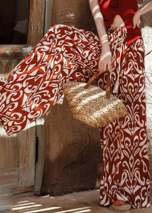 Bohemian Orange Print Tie Waist Wide Leg Pants Summer