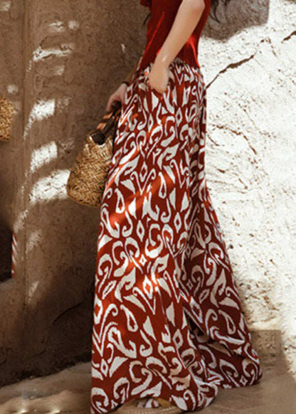 Bohemian Orange Print Tie Waist Wide Leg Pants Summer