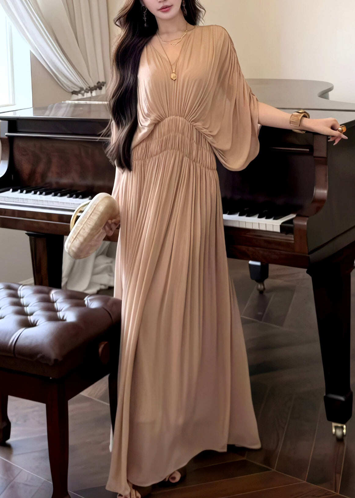 French Khaki Oversized Chiffon Robe Dresses Batwing Sleeve