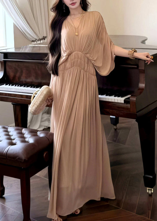 French Khaki Oversized Chiffon Robe Dresses Batwing Sleeve