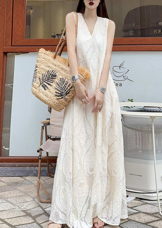 French White V Neck Jacquard Cotton Robe Dresses Sleeveless