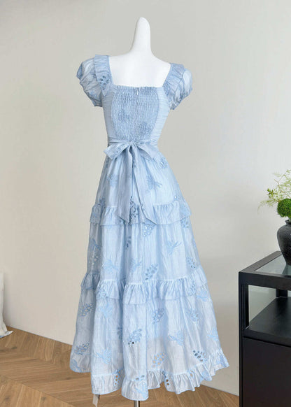 Boutique Orange O-Neck Tie Lace Hollow Out Silk Long Dress Summer