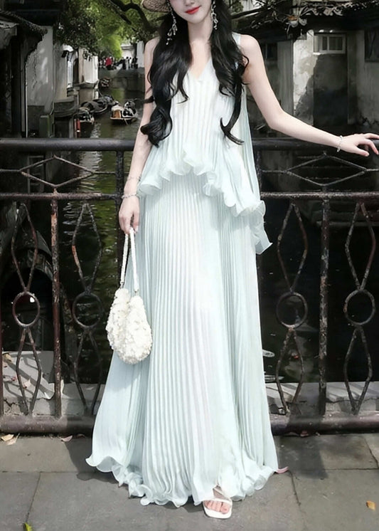 Style Sky Blue Ruffled Wrinkled Chiffon Holiday Dress Sleeveless
