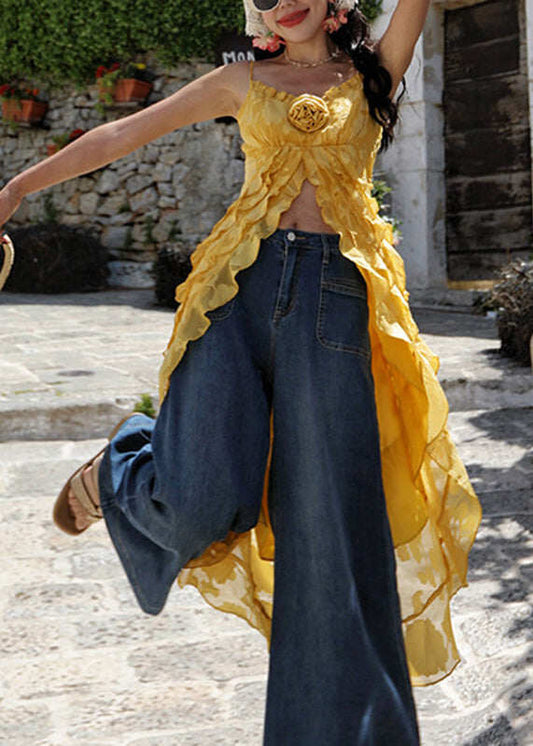 Handmade Yellow Asymmetrical Floral Long Vest Summer