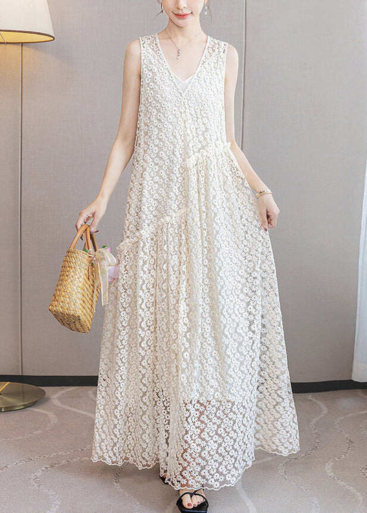 Italian White Ruffled Patchwork Lace Long Dresses Sleeveless