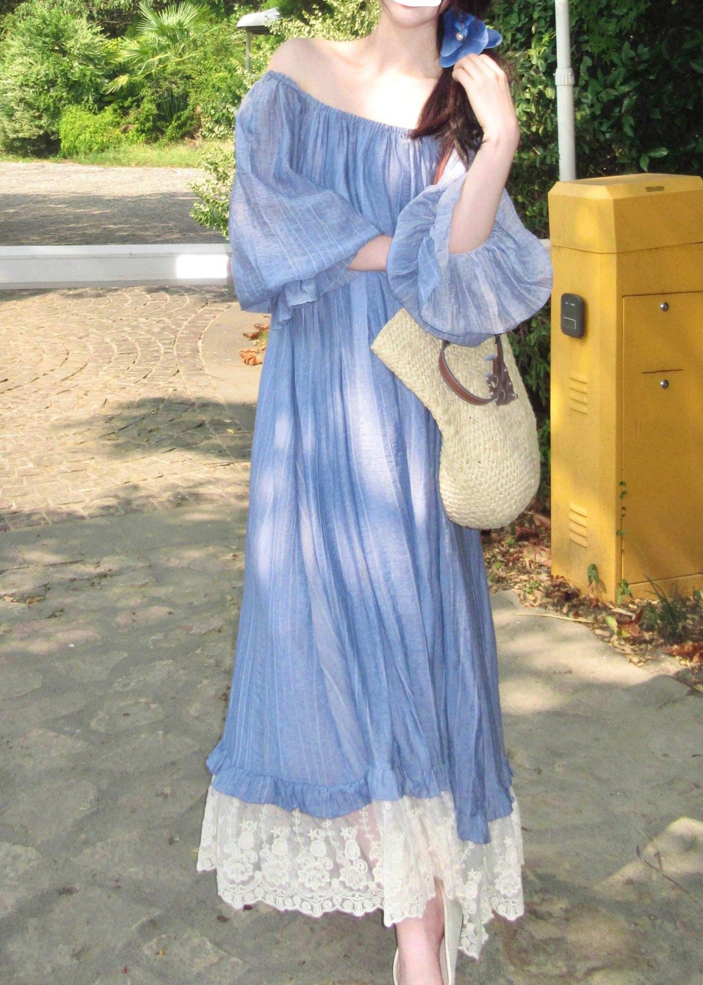 Cute Blue Slash Neck Patchwork Long Dress Fall