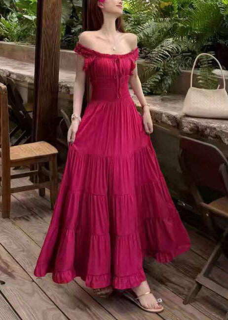 French Green Ruffled Elastic Waist Cotton Long Dress Summer